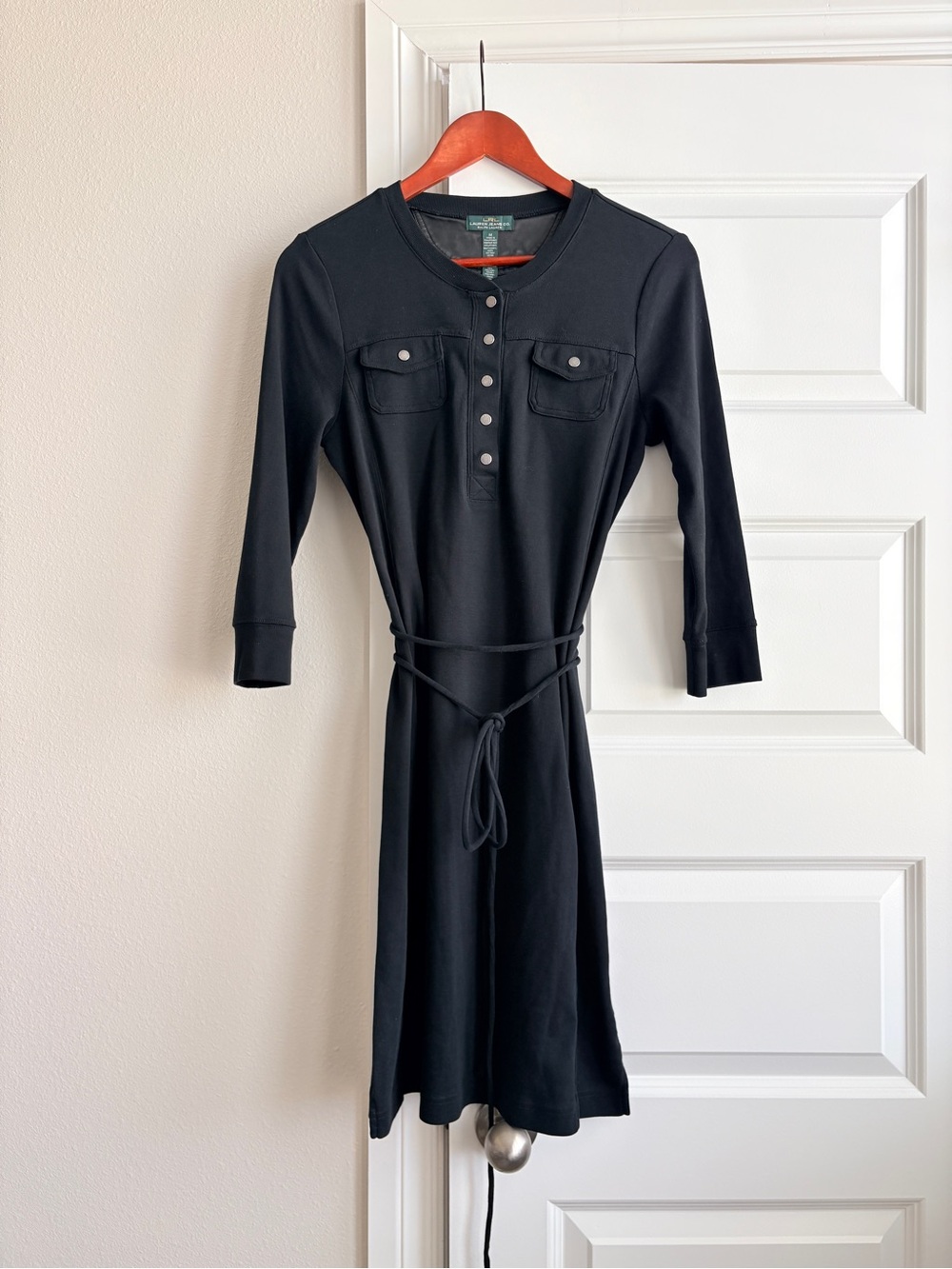 Lauren Ralph Lauren Black Belted Snap Front Midi Dress M
